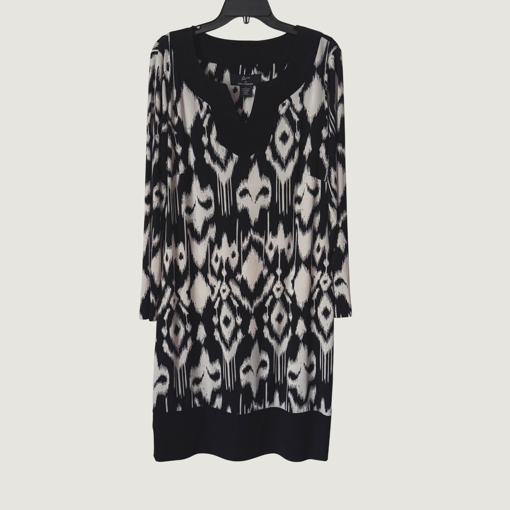 Nina Leonard Shift Dress Women L Knee Length Long Sleeve Split Neck